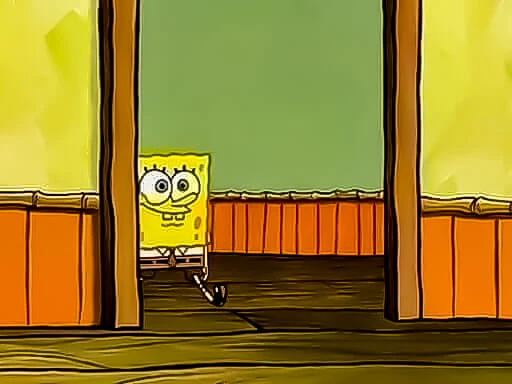 Plantilla de Bob Esponja entrando por la puerta al salon