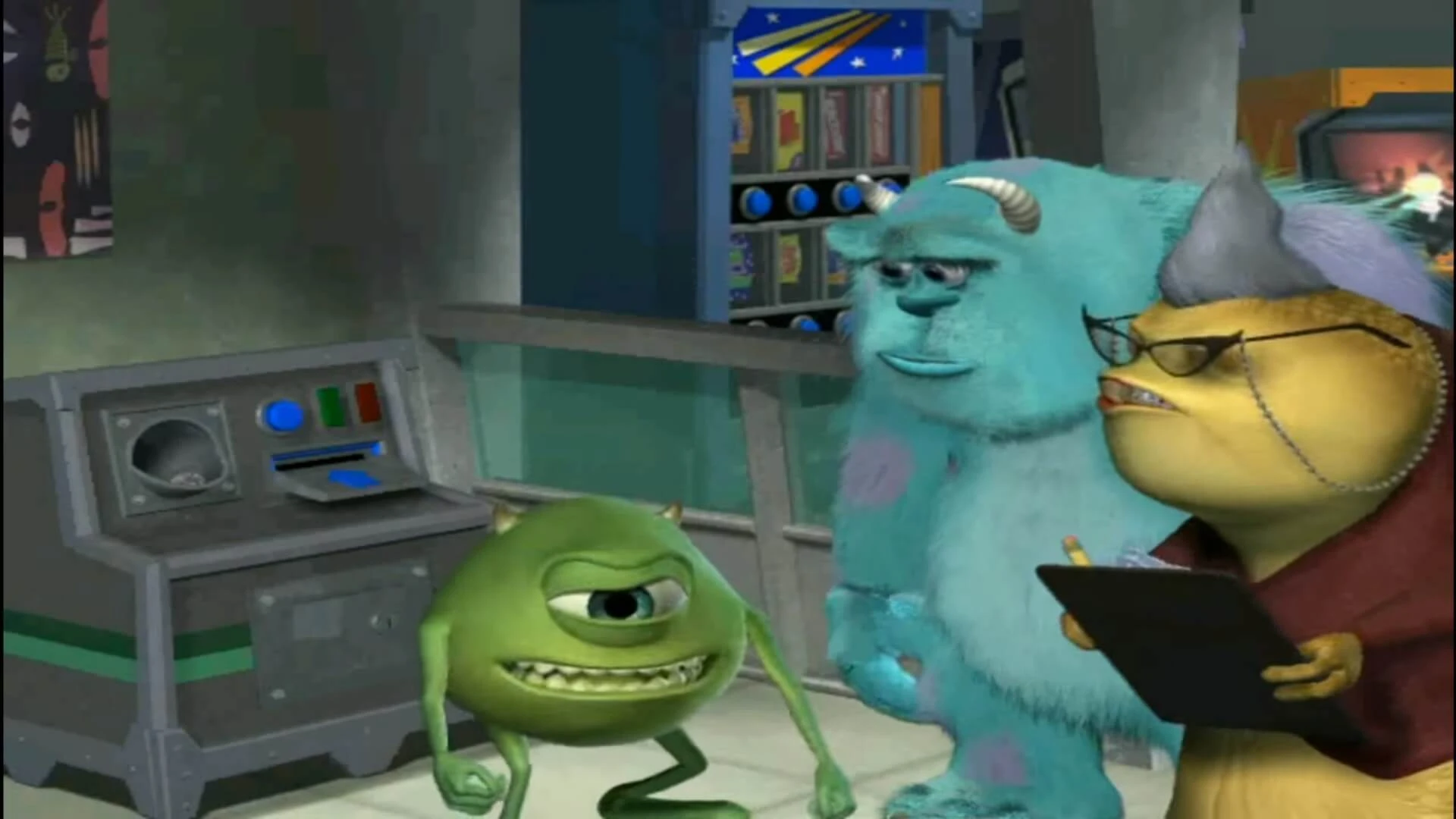 Plantilla de Mike wazowski explicando algo | sullivan y la profesora atendiéndole